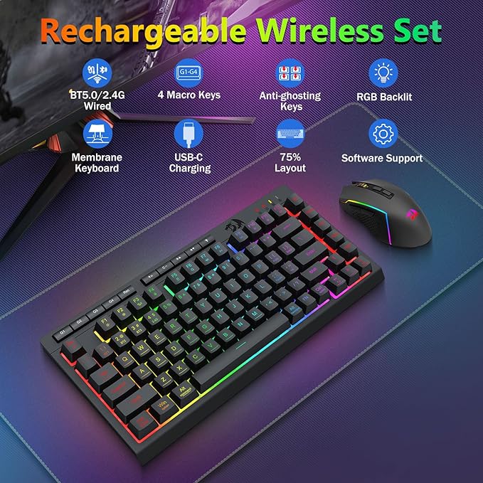 Redragon Wireless Gaming Keyboard and Mouse Combo Bluetooth/2.4G/USB-C Wired RGB Backlit 75% Portable Quiet Rechargeable Macro Membrane Keyboard &amp 12800 DPI Mouse with Software for Win/MAC