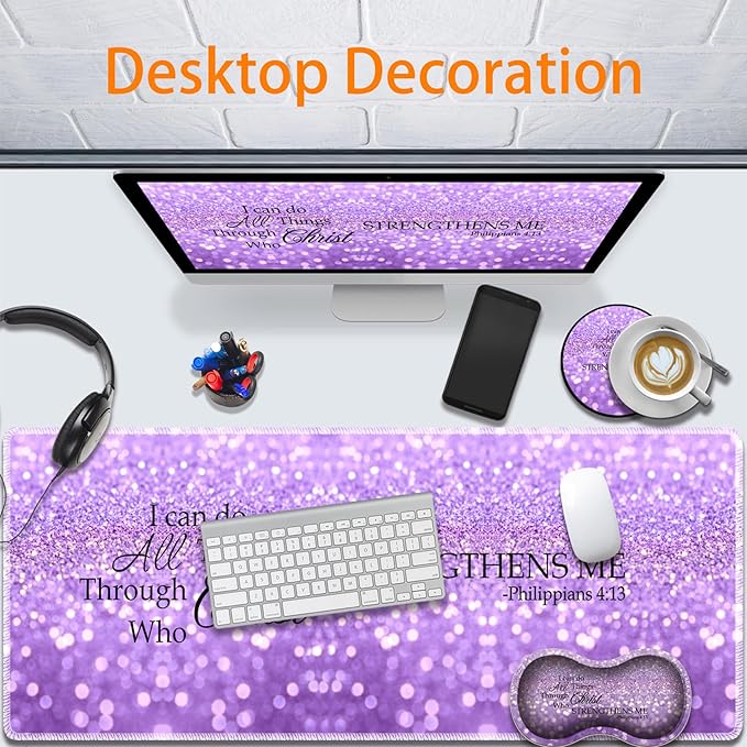 Durable Desk Mat + Wrist Rest Pad + Coasters Set Large Gaming Office Mouse Pad 31.5 x 11.8 Extended Non-Slip Rubber Keyboard Pad Laptop &amp Home Purple Glitter Quote Philippians 4-13