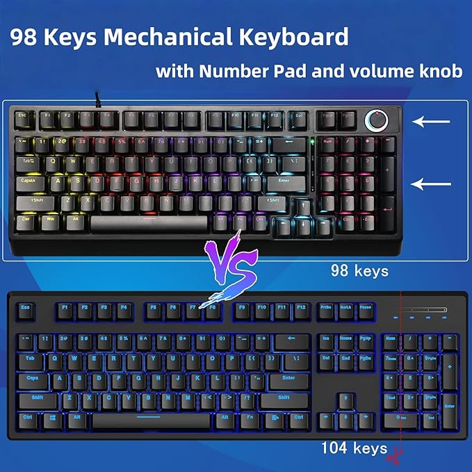 Mechanical Gaming Keyboard with Red Switches:98 Keys with Backlit Black Fine-tune audio or brightness using the dual-function knob17 Lighting ModesAnti-Ghosting Wired USB for PC Mac Gaming