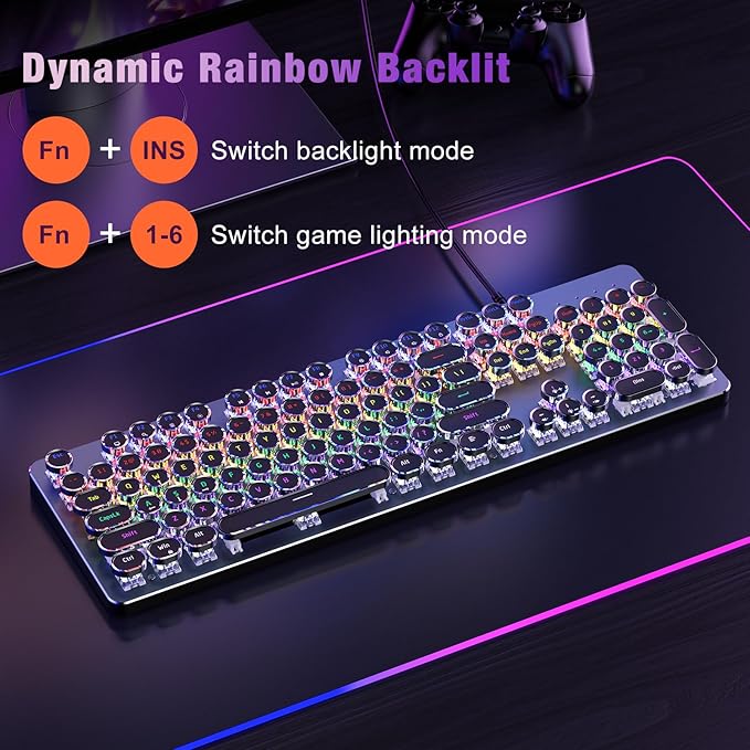 RisoPhy Typewriter Style Mechanical Gaming Keyboard Metal Panel Retro Punk Round Keycaps Clicky Blue Switch Rainbow LED Backlit 104 Keys Wired Keyboard Round Keycaps for PC Laptop Mac Gamer