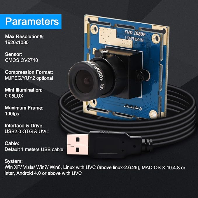 Hotpet 2MP USB Camera Module 1080P Webcam High Speed VGA 100fps 720P 60fps Webcam with CMOS OV2710 Sensor 3.6mm Industrial Camera Module for PCATMRobotMachine VisionKiosk