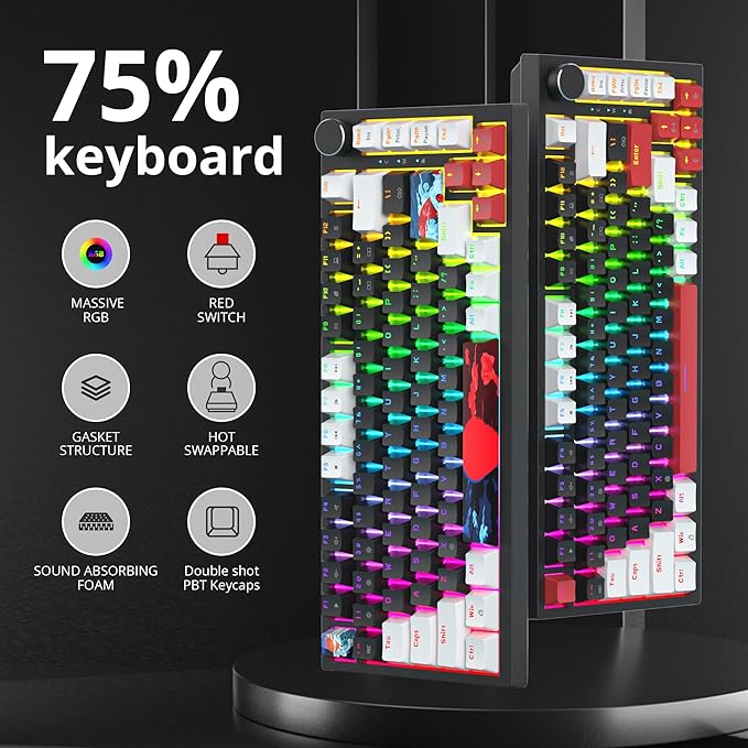 75 Percent Keyboard Gasket-Mounted with Sound Absorbing Pads 82-Key Compact Wired RGB Mechanical Gaming Keyboard Hot-Swap Socket for Win Black
