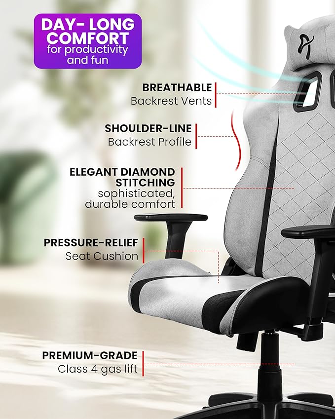 Arozzi Avanti Gaming Chair - Soft Fabric Ergonomic Gaming Chairs for Adults - Adjustable Height Backrest &amp Armrest with Head Pillow - Home Office Setup Professional Computer Chairs Light Grey