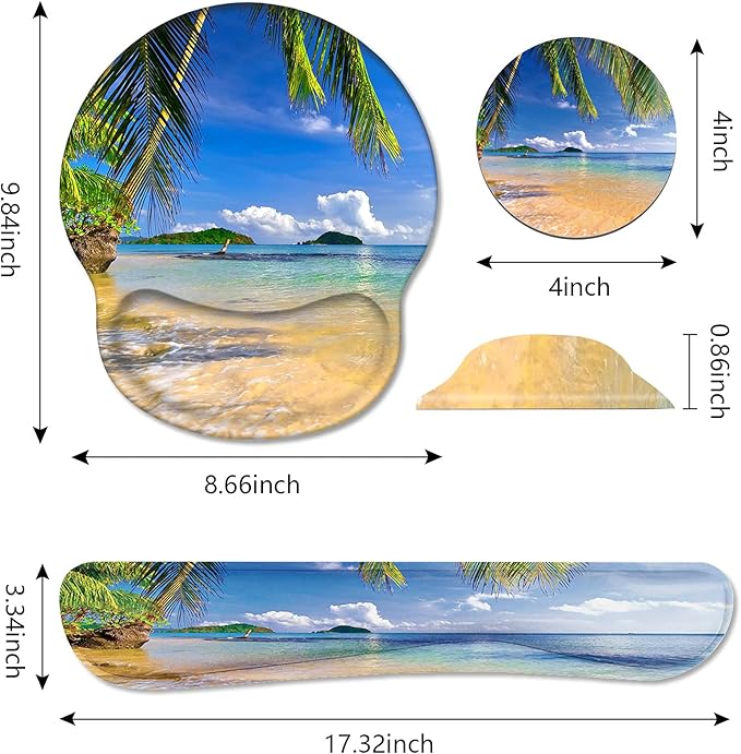 Keyboard Wrist Rest and Mouse Pad Wrist Support Set with Coasters Non-Slip PU Base Ergonomic Gaming Mousepad for Home Office Working Studying Easy Typing &amp Pain Relief Shore Palms Tropical Beach
