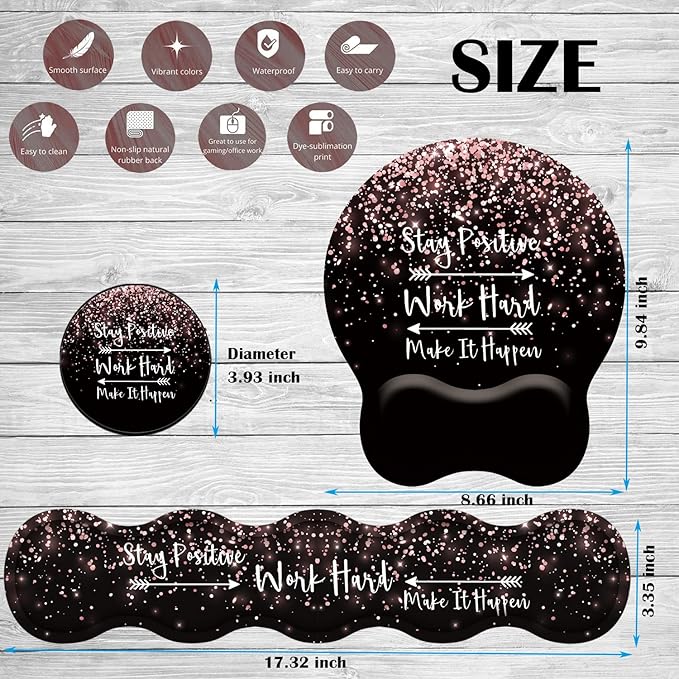 Keyboard Wrist Rest Pad and Ergonomic Mouse Pad Wrist Rest (with Coaster) Set Non-Slip Base &amp with Memory Foam for Easy Typing and Wrist Pain Relief - Stay Positive Work Hard and Make It Happen