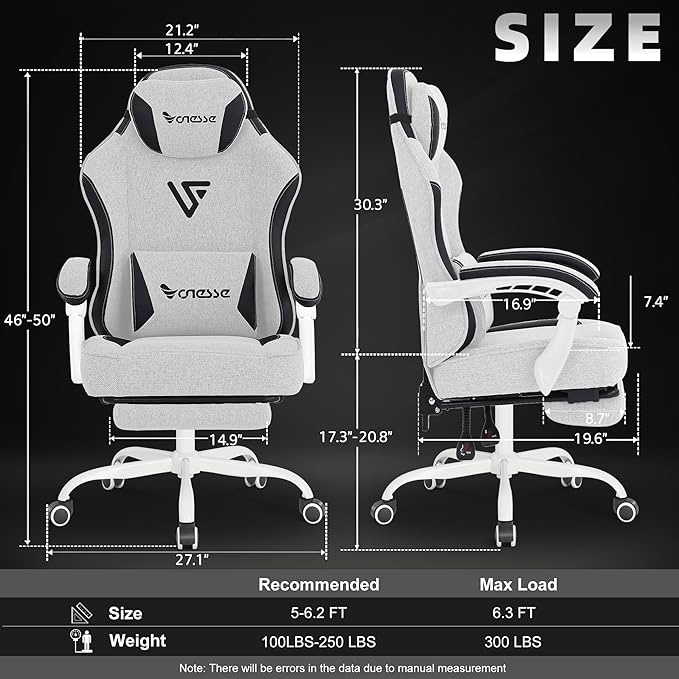 Vonesse Gaming Chair Computer Chair Fabric with Pocket Spring Cushion Office Chair with Footrest and Massage Lumbar Support Reclining Gaming Chairs for Adults 250LBS (Beige White)