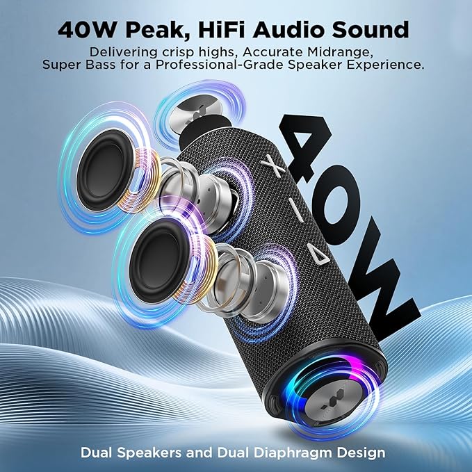 MIATONE Bluetooth Speaker 40W BT 6.0 Outdoor Portable Bluetooth Speakers with 3 EQDeep Bass24H Playtime TWSIPX7 Waterproof Shower Speakers Bluetooth Wireless Portable Speaker for Party/Beach-Black