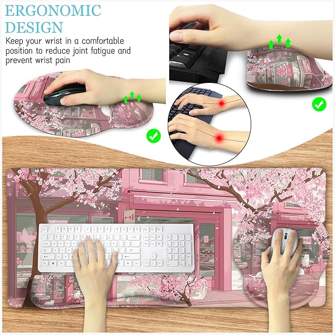Anime Cat Mouse Pad Set XXL Gaming Mouse Pad with Wrist Rest Keyboard Mat Cat Coaster Cute Office Desk Decor Accessories Pink Lycra