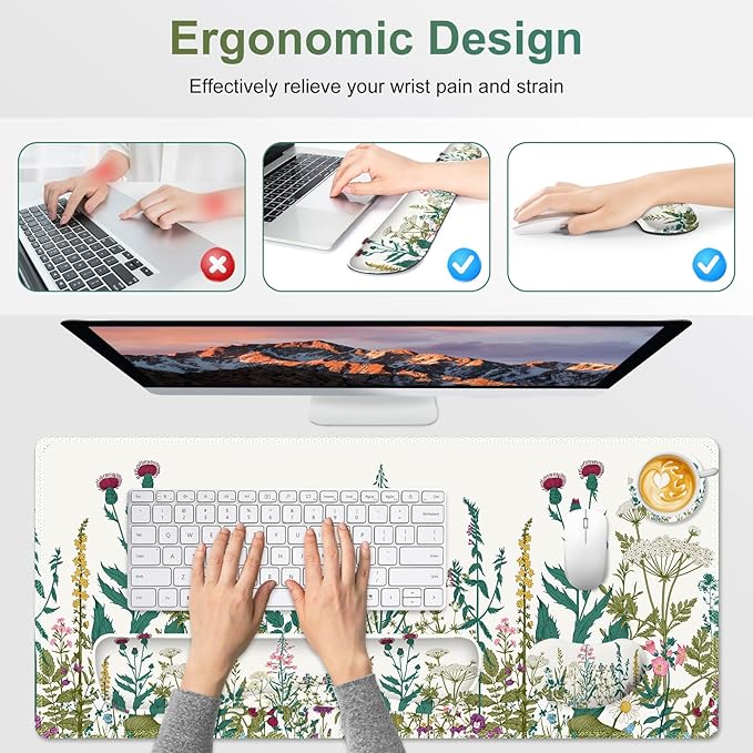Desk Mat Pad Gaming Mouse Pad Wrist Support Set 4 in1 Non-Slip XXL Large Mousepad + Ergonomic Keyboard Wrist Rest+Mouse Wrist Rest+Coaster for Home Office Computer I Vintage Wildflower Garden
