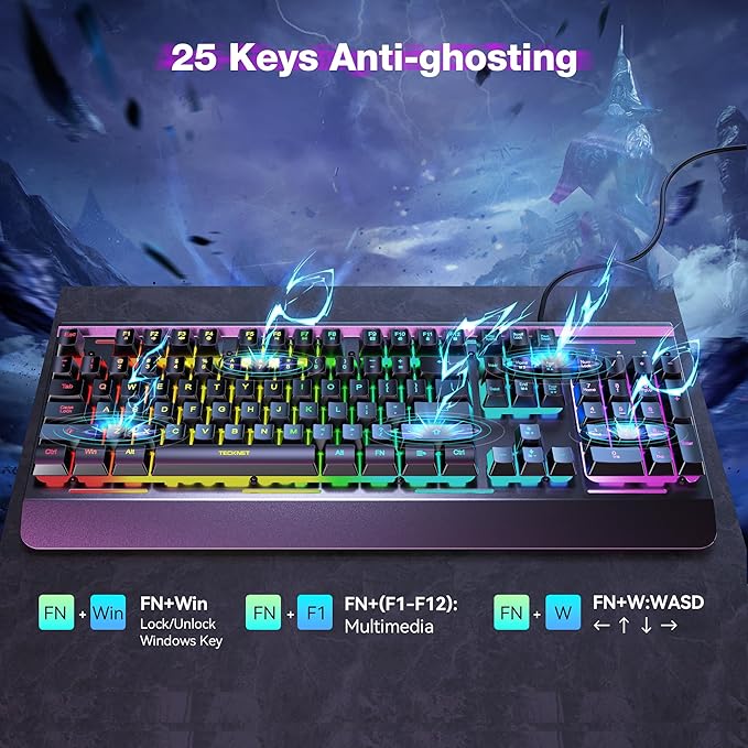 TECKNET Gaming Keyboard USB Wired Computer Keyboard 15-Zone RGB Illumination IP32 Water Resistance 25 Anti-ghosting Keys All-Metal Panel (Whisper Quiet Gaming Switch)
