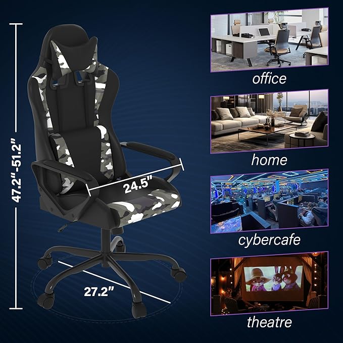 Gaming ChairSwivel Rolling Gaming Chair for AdultsErgonomic PC Gaming Chair CamoHeight Adjustable Computer ChairPU Leather Computer Chair with Headrest and Lumbar Support