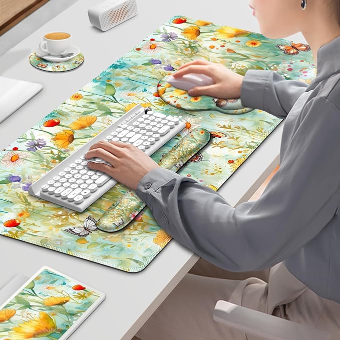 Gaming Mouse Pad Large Desk Mat Cute Desk Pad Protector 4in1 XXL Mousepad + Keyboard Wrist Rest+Mouse Wrist Rest+Coaster Set with Ergonomic Desk Pad for Home Office PC Computer Yellow Flowers