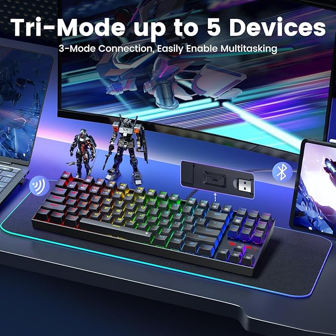Redragon Wireless Gaming Keyboard BT/2.4Ghz Tri-Mode Mechanical Keyboard buit-in Battery Programmable 87 Keys TKL LED Rainbow Backlit - K552-KRS