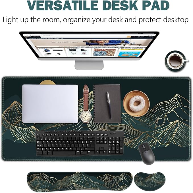 AIMSA Keyboard &amp Mouse Pad Set Extended Desk Mat + Ergonomic Mouse &amp Keyboard Wrist Rest Support 35x15.7in Abstract Gold Sun Mountain