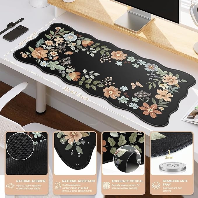 Scalloped Desk Cover Mat Aesthetic Mousepad with Wrist Rest Memory Foam Wrist Support for Keyboard Ultra Smooth Mouse Pad for Office Desk Decor School Supplies (Black)