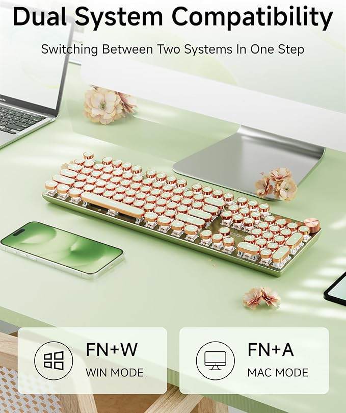 EWEADN V20 Typewriter Keyboard Wireless 104 Keys Typewriter Style Mechanical with White Backlit Media Knob Pink Switch 2.4G/Bluetooth/USB-C Wired Retro Full Size Keyboard for Windows/Mac/PC-Green