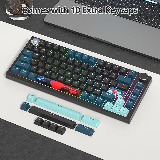 75% Mechanical Gaming Keyboard Hot Swappable RGB Backlit Custom With Knob Gasket Mount USB Wired 82 Keys Black Blue Linear Red Switch (82 Black Blue)