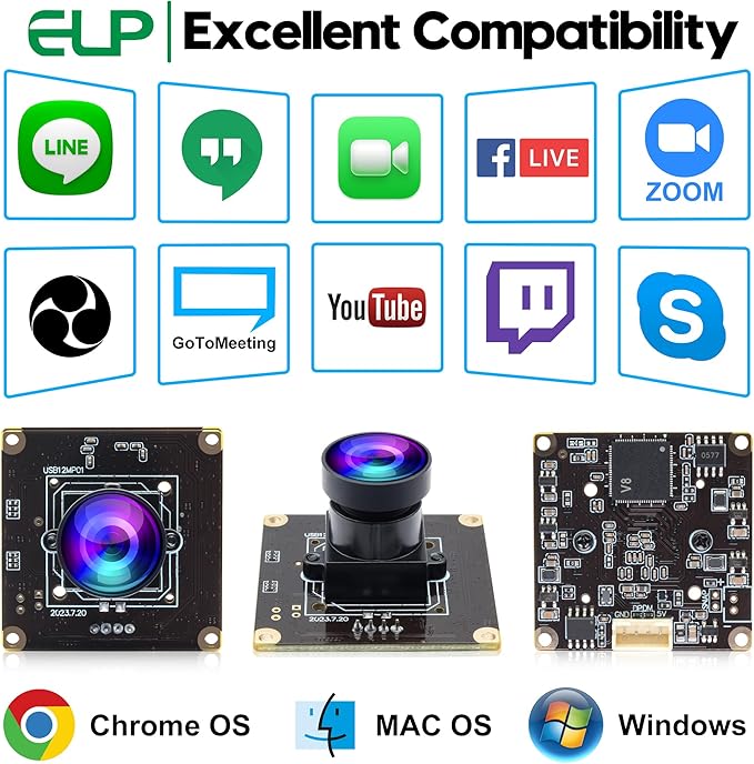 ELP 1080P 120fps USB Fisheye Camera Module for Computer 12MP PC Camera Wide Angle Web Camera for Desktop Computer Industrial Embedded USB Security Camera Mini Lightburn Camera for Raspberry Pi