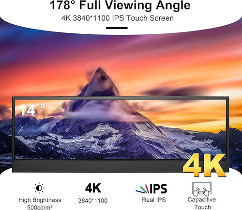 14'' 4K UHD IPS 3840x1100 Stretched Bar Touch Screen Display Monitor for Laptop Computer PC Speed Temperature Windows Aida64 CPU GPU HDMI Secondary Monitor for Music Media Timeline Editing
