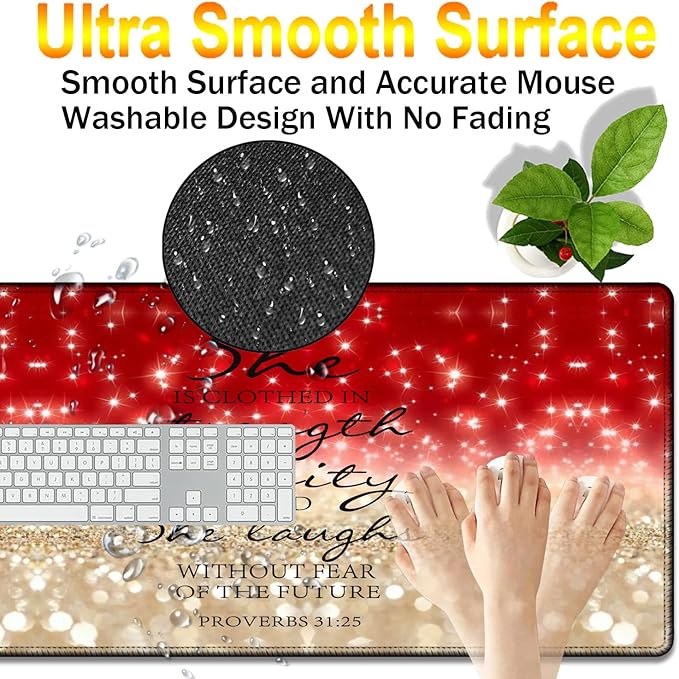 TCG Gaming Pad + Wrist Pad Set MTG Play Mat Office Mouse Pad 24 x 14 Table Mat Edge Stitched Non-Slip Base - Red Glitter Quote Proverbs 31-25