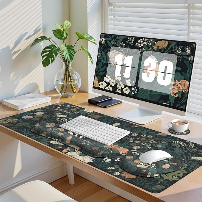 iCasso Desk Cover Mat 4in1 Floral Large Mouse Pad with Wrist Rest Desk Matt for Desktop Anti-Slip XXL Big Computer Ergonomic Mousepad with Wrist Support for Keyboard and Mouse (Weeds)