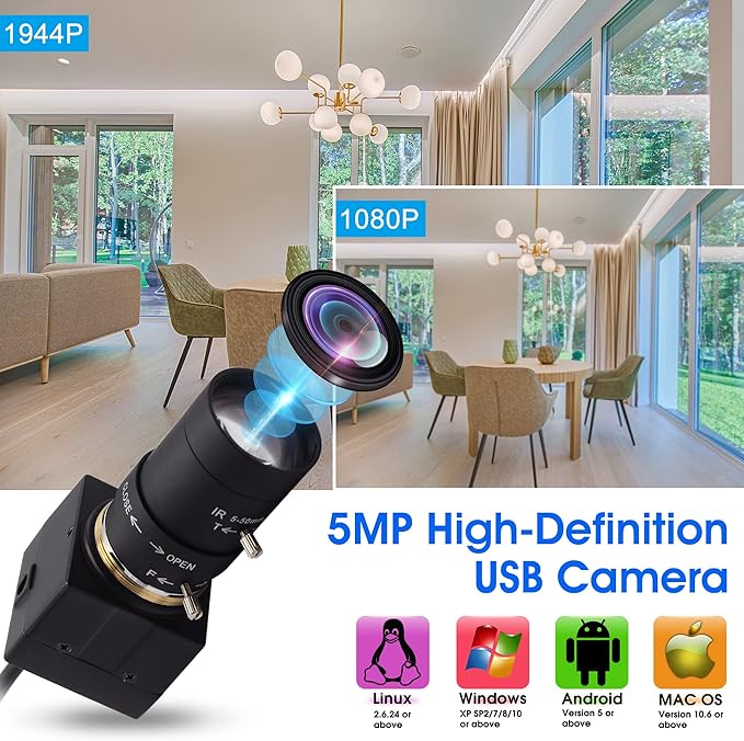 USB Camera 5MP Webcam 5-50mm 10X Variable Focus PC Camera 1944P USB Security Camera UVC CCTV Industrial Close-up Camera for Computer Plug and Play for Mac OS Windows Linux Raspberry Pi Camera