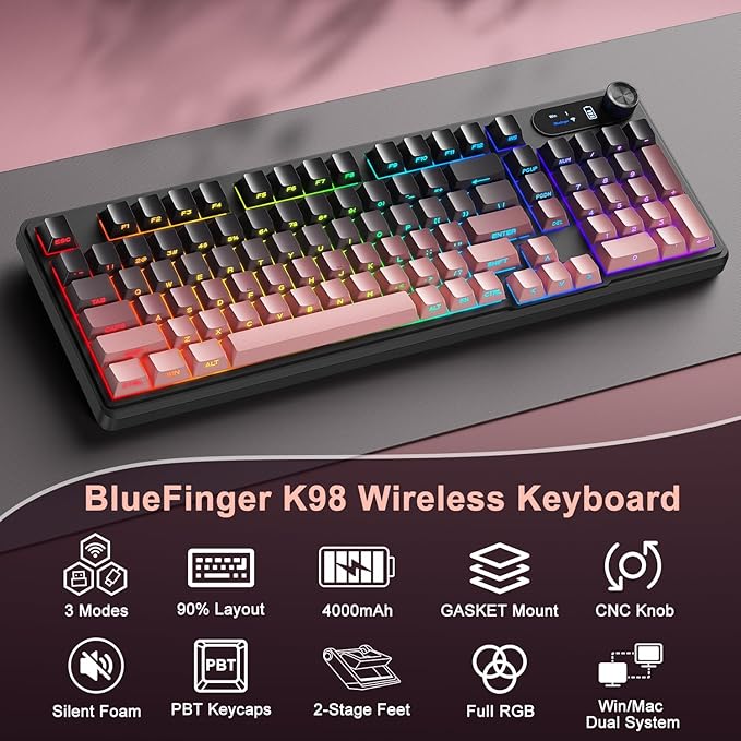 BlueFinger Wireless Gaming Keyboard RGB Backlit Tri-Mode Bluetooth/2.4G/USB-C 98 Keys Quiet Keyboard with Number Pad Volume Knob &amp Screen Side Printed PBT Keycaps for PC/Mac/Laptop