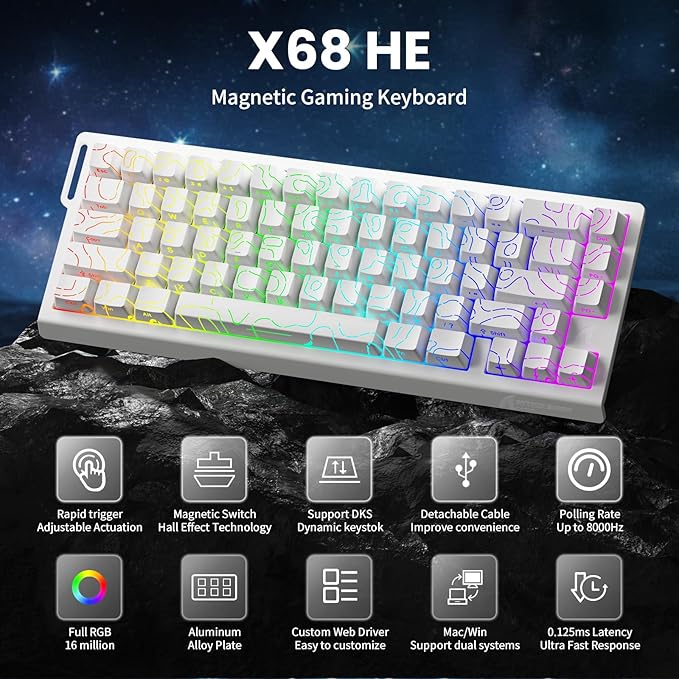 ATTACK SHARK X68 HE 8000Hz Rapid Trigger Keyboard 0.01mm RT Accuracy Wired Gaming Keyboard with Magnetic Switch Adjustable Actuation Rapid Trigger Snap Tap RGB Lighting for PC/Mac White Contours