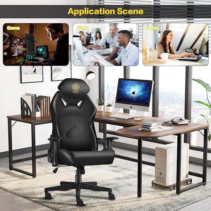 Ergonomic Video Poker Gaming Chair Recliner with Texas Hold'em Sign Swivel Chair with Poker Logo Lumbar Support Headrest Height Adjustable for Study Home Office Black Poker 5