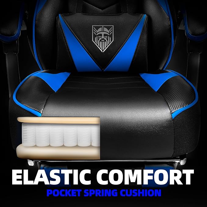 Vonesse Gaming Chair High Back Gaming Chair with Footrest and Massage Gaming Chairs for Adults with Pocket Spring Cushion Big and Tall Reclining Computer Chair with Lumbar Support (Blue/Black)