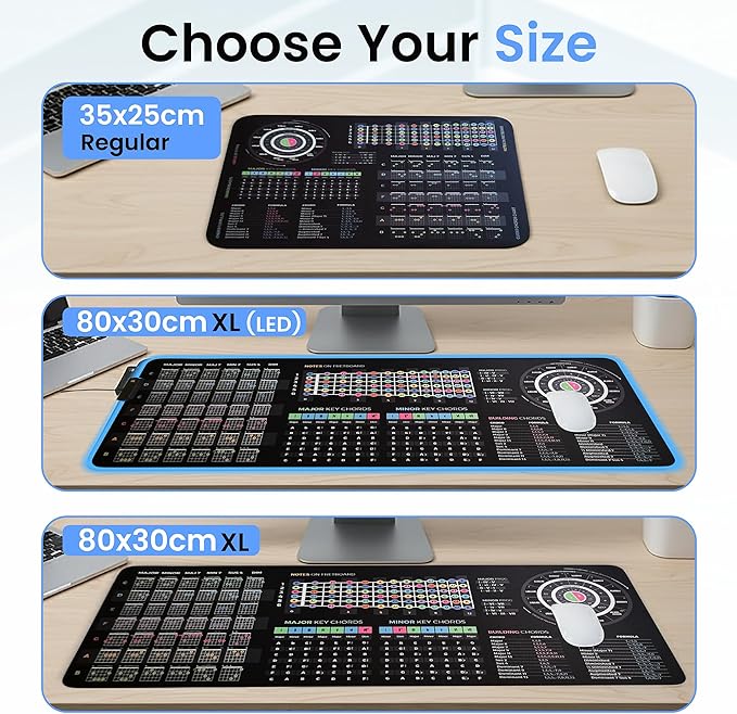 Guitar Theory Cheat Sheet Mousepad – 35×25cm &amp 80×30cm – Chords Scales Fretboard Notes Circle of Fifths – Right-Handed Desk Mat – Optional LED Version (XXL with LED (800x300mm))