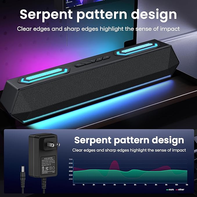 Deeyaple Computer Speakers 40W PC Speakers for Desktop Monitor with Bluetooth 5.3 &amp USB Audio HiFi Stereo Gaming Soundbar with Custom EQ Software Dynamic RGB Lighting for Laptop PS4 PS5 Blac