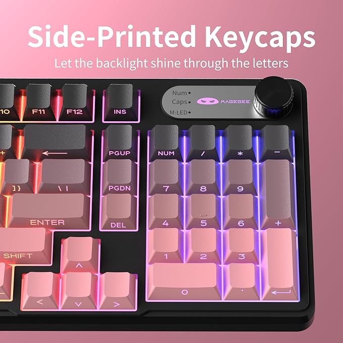 MageGee GK960 Wireless Gaming Keyboard RGB Tri-Mode Wired/BT/2.4G Creamy Keyboard with Number Pad 4000mAh Battery Knob Control Side Printed Keycaps 19-Key Anti-Ghosting for Win/Mac (Black &amp P