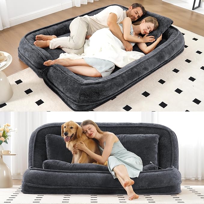 Floor Chair with Back Support Human Dog Bed Folding Loveseat with 5 Adjustable Position 2 Pillows Chenille Meditation Gaming Chair for Lazy Boys Living Room Lounge Bedroom Dark Grey