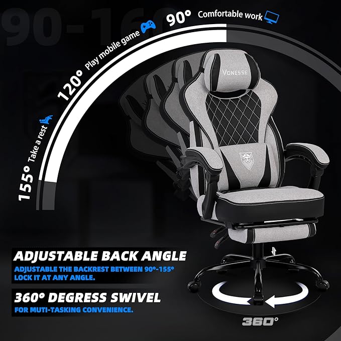 Vonesse Gaming Chair Reclining Fabric Gaming Chairs for Adults 250LBS Office Chair with Pocket Spring Cushion Computer Chair with Footrest and Massage Lumbar Support (Light Gray)
