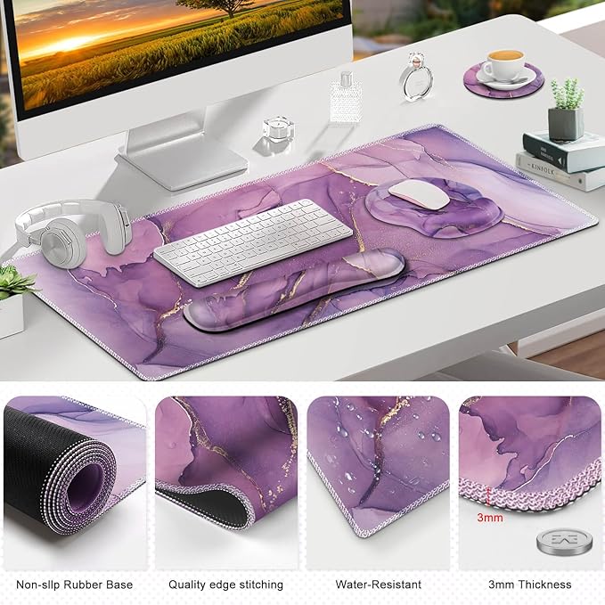ToLuLu Desk Mat XXL Large Mouse Pad Wrist Support Set4 in1 Gaming Mousepad Desk Pad+ Ergonomic Mouse Pad with Wrist Rest + Keyboard Wrist Rest+Coaster for Women Home Office Computer Purple Marble