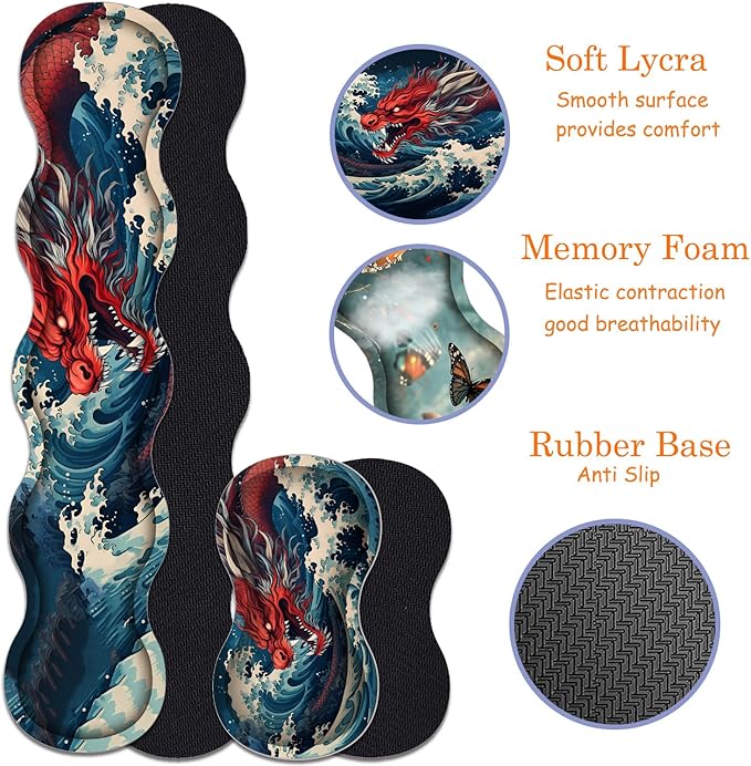 Large Gaming Mouse Pad + Keyboard Wrist Rest + Wrist Support + Coaster Set Memory Foam Ergonomic for Easy Typing XXL Extended Gaming Mouse Pad Table Pad - Sea Wave Red Dragon