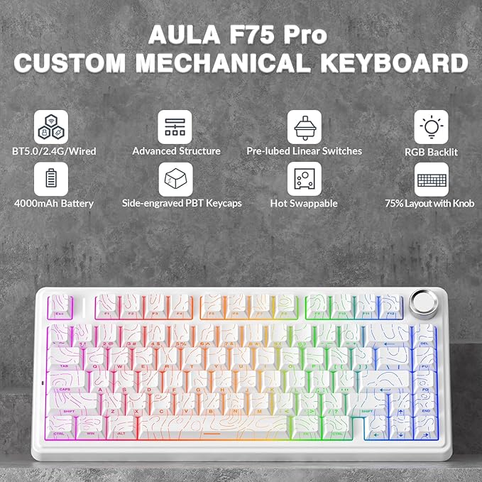 AULA F75 Pro Wireless Mechanical Keyboard with Knob75% Hot Swappable Custom Gaming KeyboardsRGB BacklitPre-lubed SwitchesSide Printed PBT Keycaps Creamy Sounding Computer Keyboard Line White