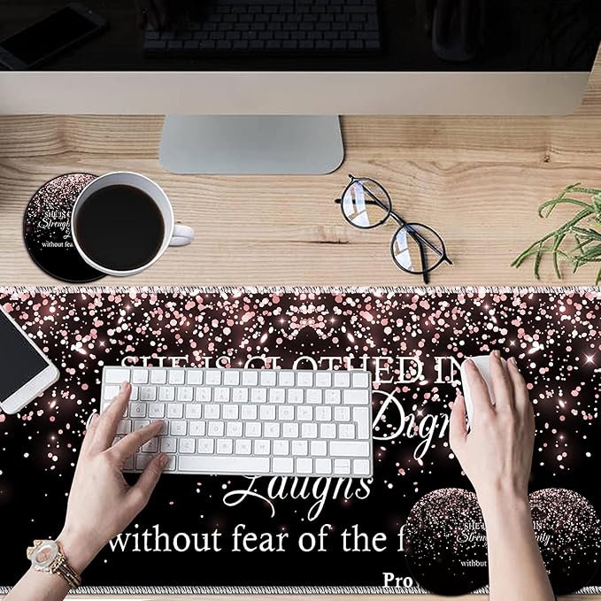 Large Game Mouse Pad + Wrist Support Pad + Coffee Coaster Rose Gold Proverbs 31:25 Foldable Table Mat with Stitched Edge Non-Slip Set Pad Suitable for Office Work and Home