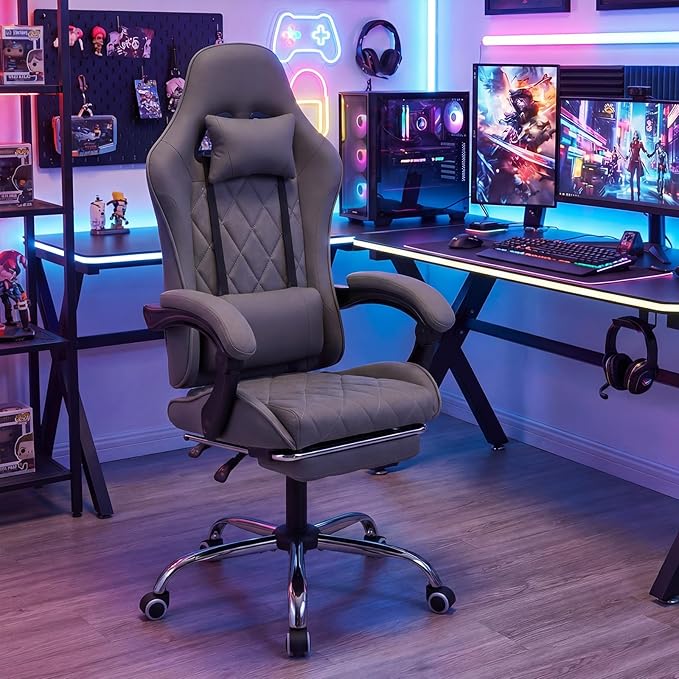 Giantex Gaming Chair Height Adjustable Computer Chair with Headrest Lumbar Support Linkage Armrests Reclining Backrest Footrest &amp 360° Swivel Seat Video Game Chair Ergonomic Office Task Cha