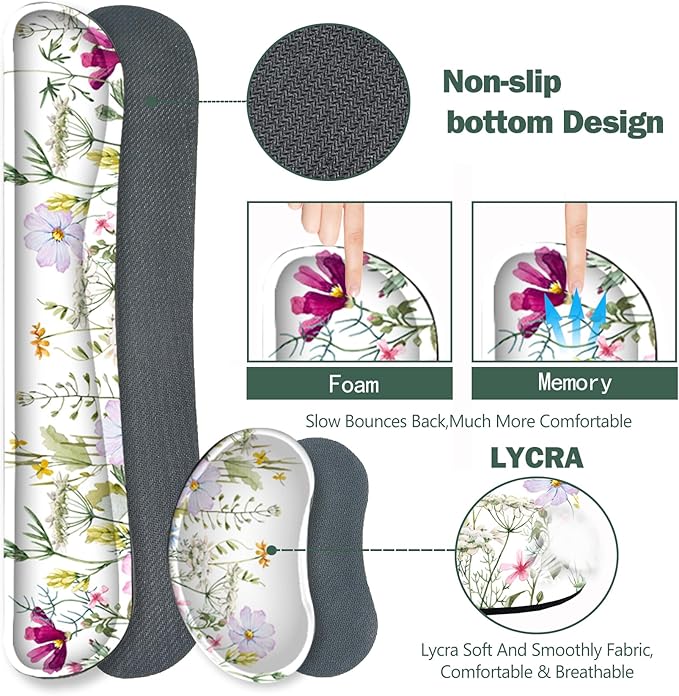 ARTSO Gaming Mouse Pad Wrist Support Set XXL Large Desk Mat Mousepad + Keyboard Wrist Support+ Mouse Wrist Rest+Coaster 4in1 Ergonomic Memory Foam for Home Office -White Flowers Plants