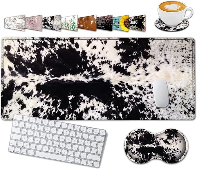 Large Gaming Mouse Pad 31.5x11.8 in Extended Computer Mouse Mat with Non-Slip PU Base Ergonomic Memory Foam Keyboard Wrist Rest for Work &amp Gaming Office Desk Pad Black White Cowhide Fur