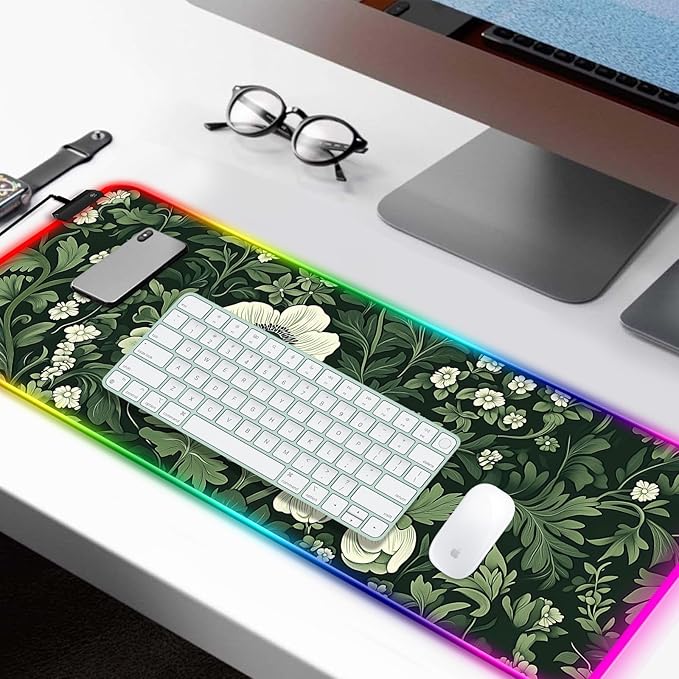 RGB Green Plant Wildflower Gaming Desk Mat Computer Keyboard Large Extended Long Floral LED Mouse Pad for Office and Home XL (W26)