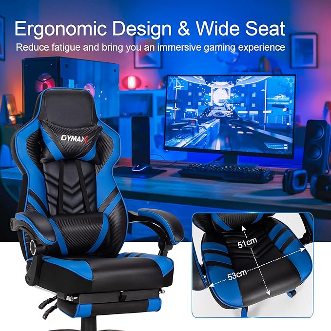 GYMAX Gaming Chair Ergonomic Computer Chair with Footrest Linkage Armrests &amp Lumbar Cushion Big Wide High Back Video Gaming Chair Reclining Office Rolling Chair for Adult/Teens (Blue)