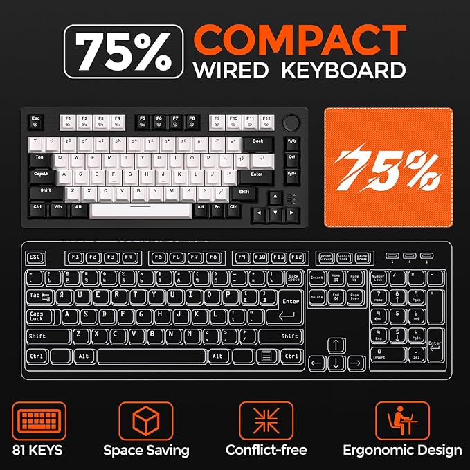 DAREU EK75 Wired Mechanical Keyboard75% Keyboard with Volume KnobGasket Mount Mechanical Gaming Keyboards81 Keys Rainbow BacklitPBT KeycapsLinear Dream Switch for PC Laptop Windows(Black-White)