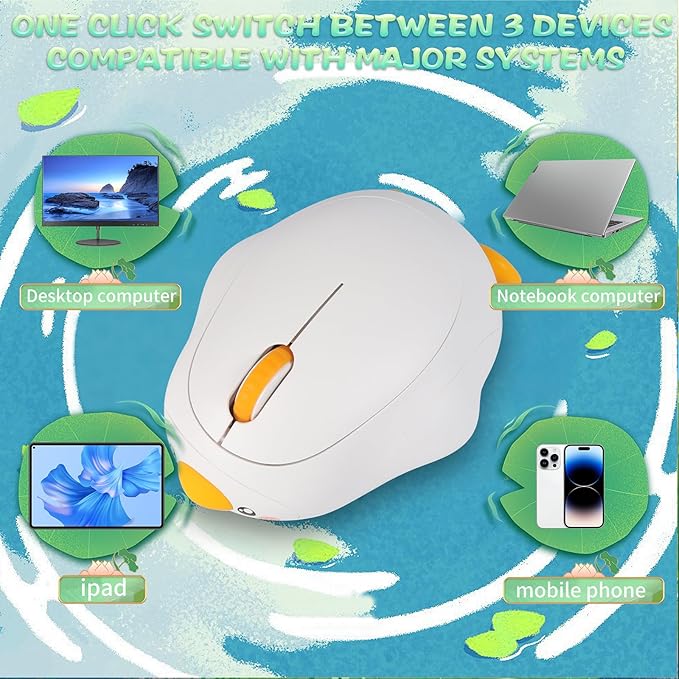 Cute Duck Bluetooth Wireless Mouse -RechargeableDual Mode Connection Silent Scroll Wheel 1600 DPI - Perfect for Laptops PCs and Tablets (White)