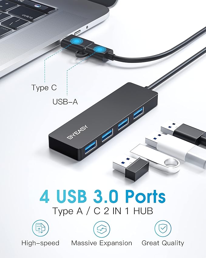 BYEASY USB Hub USB 3.1 Type-C to USB-A 3.0 Hub with 4 Ports and 2ft Extended Cable Ultra Slim Portable USBC Splitter for MacBook Mac Pro/Mini iMac PS5 Surface Pro Flash Drive(Black)