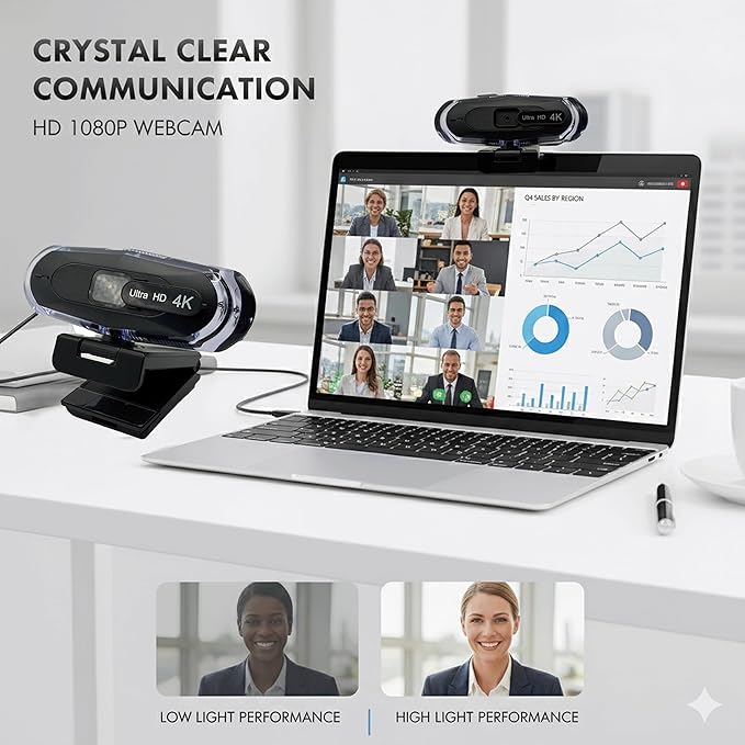 4K Ultra HD Remote Control with Stand Webcam LED RGB Lighting 95-Degree Wide Angle Auto Focus 1080P@60FPS Black USB 2.0 for Video Conferencing Desktop/Laptop