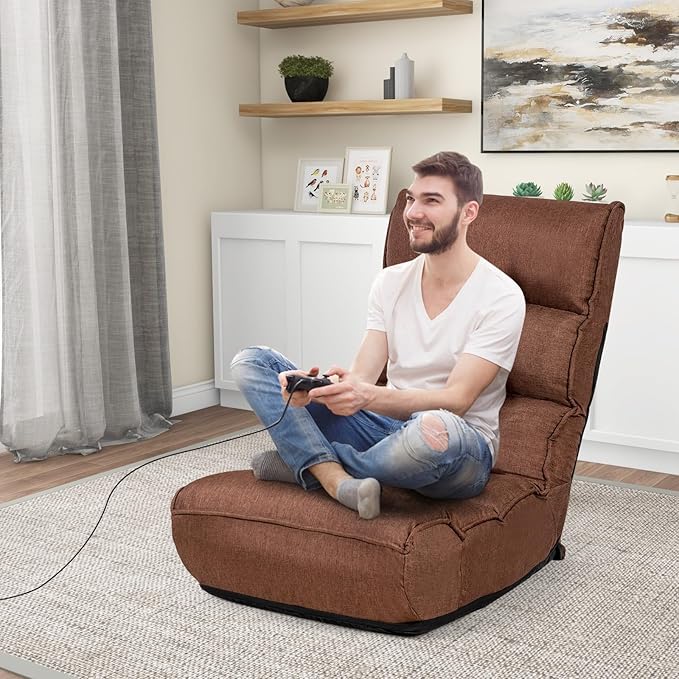 KOMFOTT Folding Floor Chair for Adults Floor Gaming Chair with 5-Position Adjustable Headrest &amp 4-Position Adjustable Backrest Side Pocket Floor Seating Lazy Sofa for Reading Meditating Brown