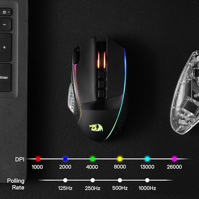 Redragon M991 Wireless Gaming Mouse 26000 DPI 3-Mode Gamer Mice w/Rapid Fire Key 9 Macro Buttons Powerful Capacity and RGB Backlight for PC/Mac/Laptop Black
